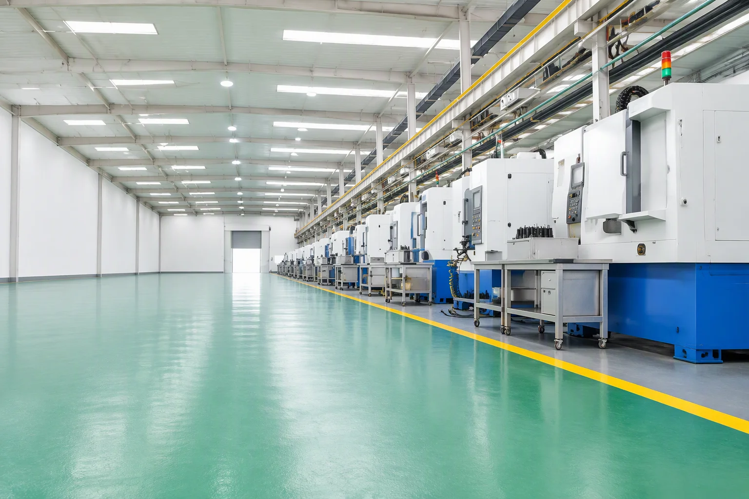 A long precision grinding hall: a row of white CNC grinding machines runs down the right-hand side under lines of strip lights, the epoxy floor and the left of the frame left clear