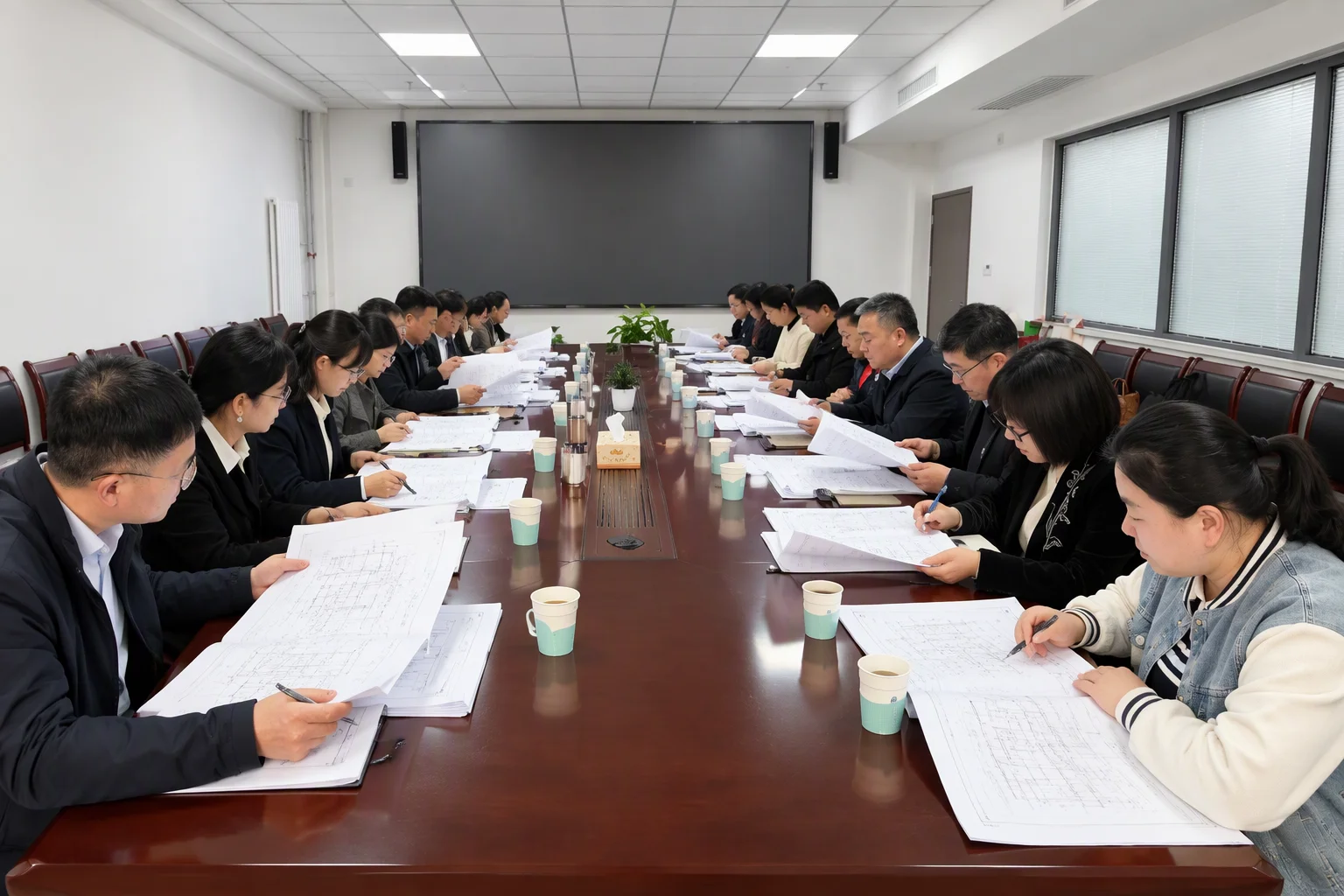 A drawing review in progress: engineers and inspectors along both sides of a long table, each with a printed drawing and a stack of inspection sheets, pens in hand
