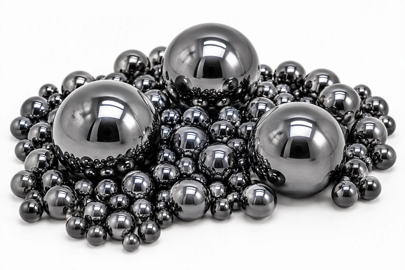 Polished steel balls of several diameters heaped on a pale ground, the three largest in front and reflecting the light source