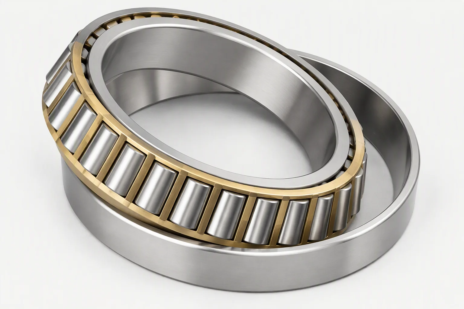 A cylindrical roller bearing with a brass cage, the rollers seated in the outer ring raceway