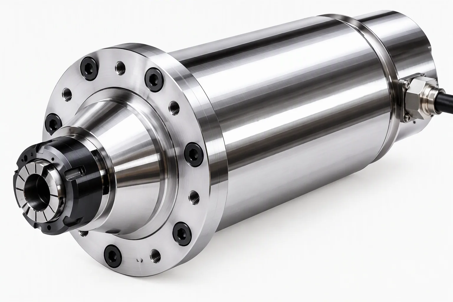 A motorised spindle unit: a polished cylindrical body with a flanged mounting face, a collet chuck at the front and a cable gland at the rear