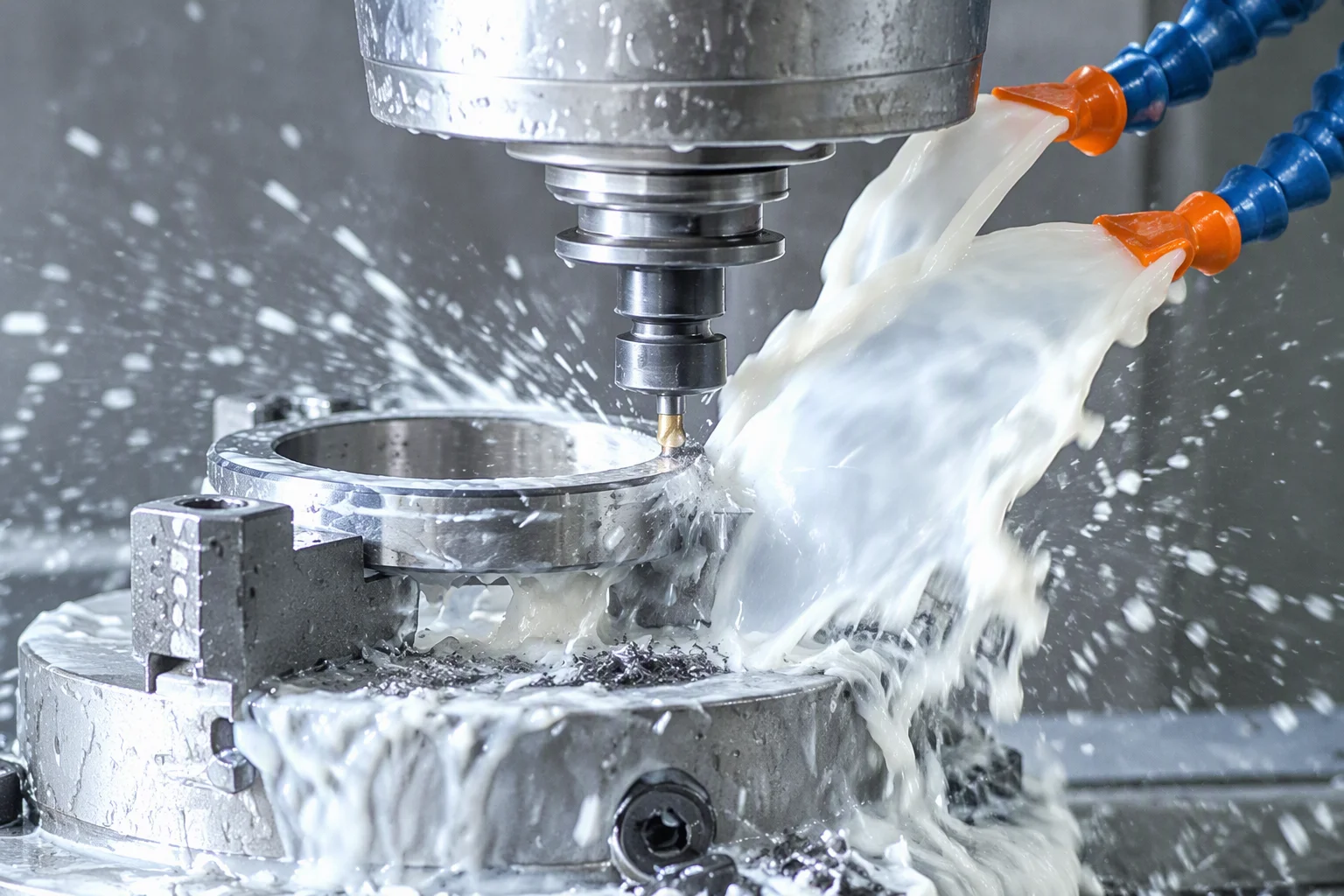 Raceway grinding inside a CNC cell: the grinding spindle above, a bearing ring clamped in its fixture below, and white coolant sheeting through orange-tipped nozzles