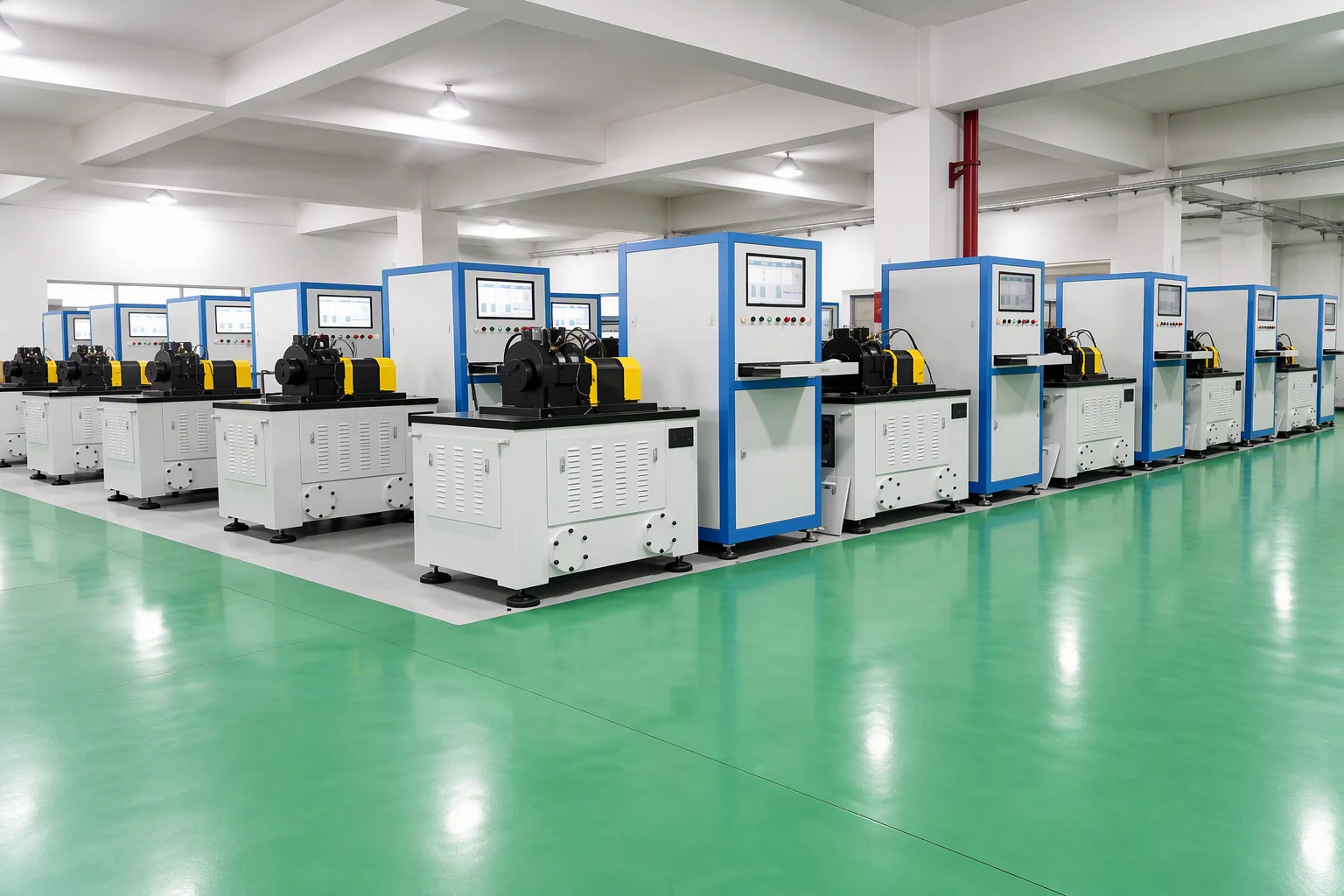 A bearing test line inside a plant: a receding row of white and blue test stands and instrument cabinets over a green epoxy floor, under even ceiling light