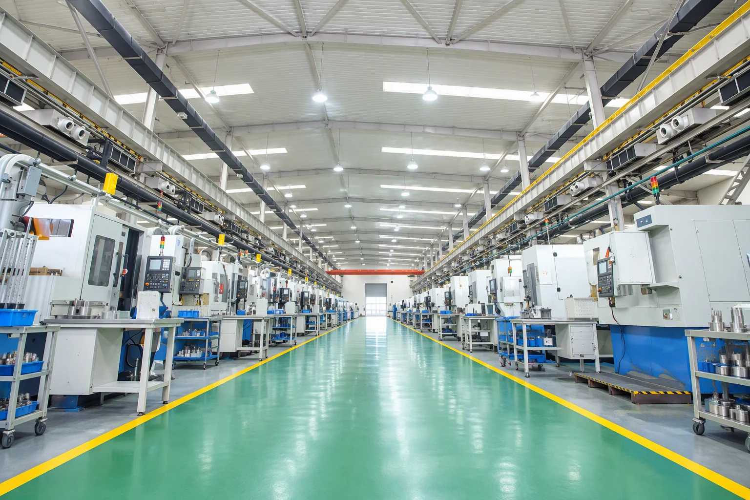 The assembly workshop seen from the aisle: two rows of CNC machining cells along a green epoxy floor with a yellow line, workbenches and parts trolleys between them