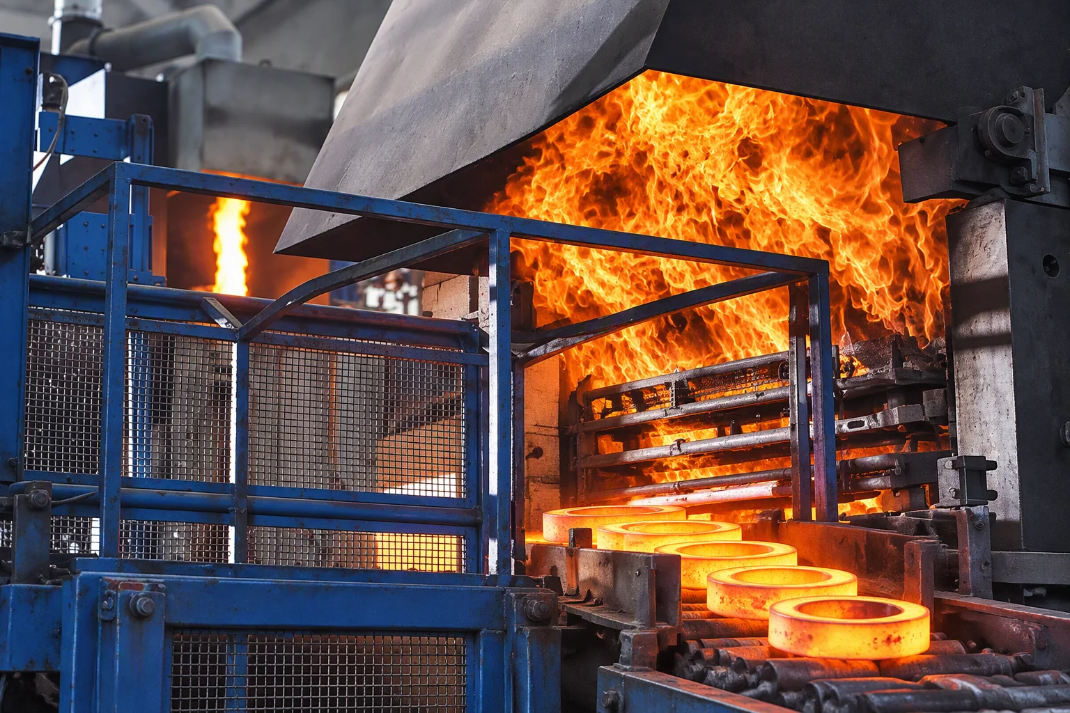 A heat treatment furnace discharging: the flame front inside a blue steel frame, with glowing hot rings on the take-off below