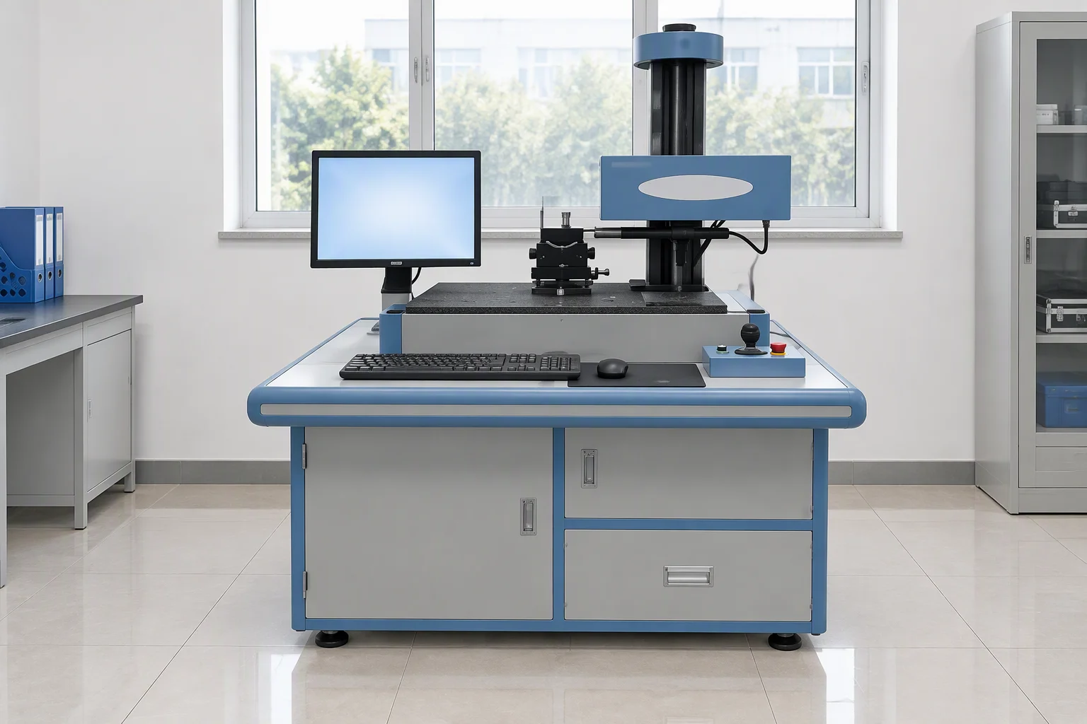 A finished-product inspection instrument in its metrology room: a blue-grey bench, a measuring column and gauge head over the work plate, and a monitor glowing softly behind