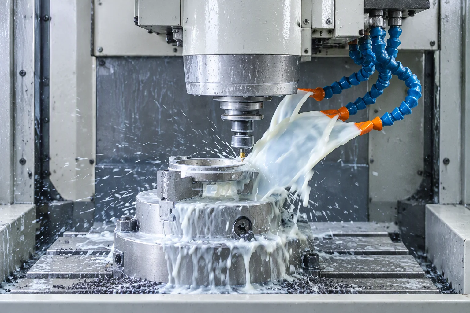 A CNC grinding cell pulled back: the machine head and wheel guard, a ring held in its fixture, the coolant curtain and the painted machine frame around it