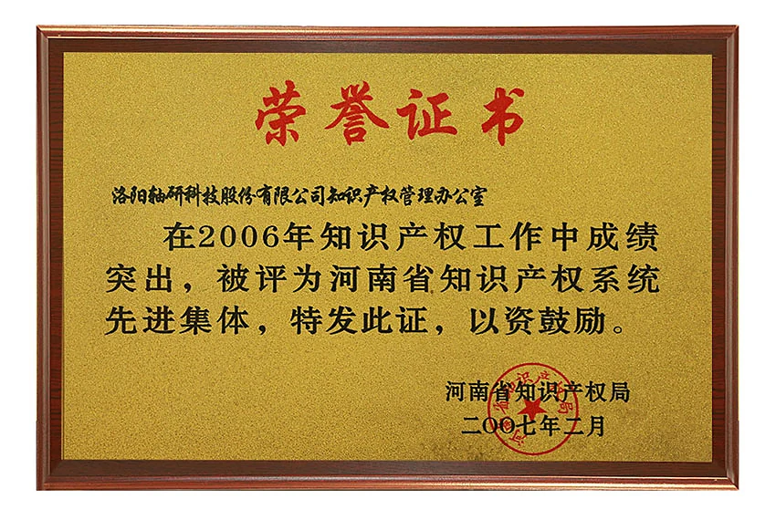 A framed honour certificate on gold paper with a red seal: advanced collective of the Henan provincial intellectual property system for 2006, issued February 2007