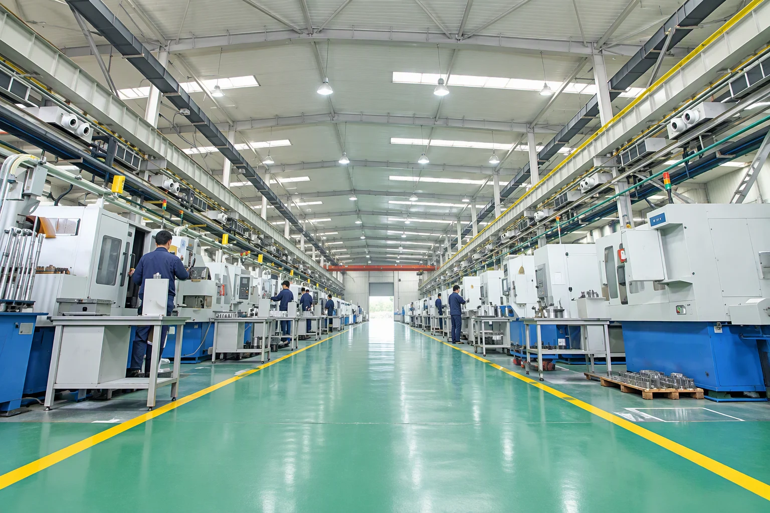 A wide view down a machine hall: white and blue CNC machines in two rows either side of a green epoxy floor with yellow walkway lines, operators at the controls and a crane rail overhead