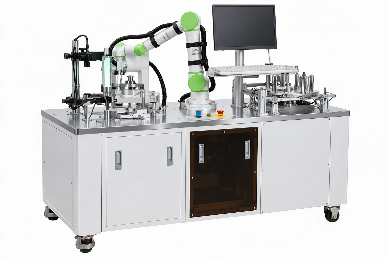 An automated assembly and inspection bench: a collaborative arm over a rotary parts table, a vision station at the left and a control terminal at the right