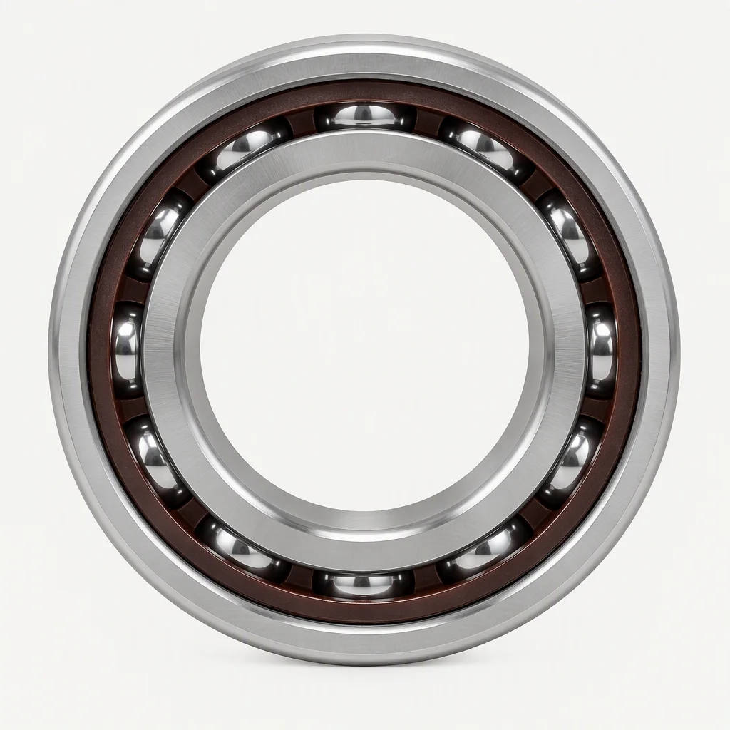 A single angular contact ball bearing on a pale seamless sweep, ground rings, a dark phenolic band and the ball set visible in the bore