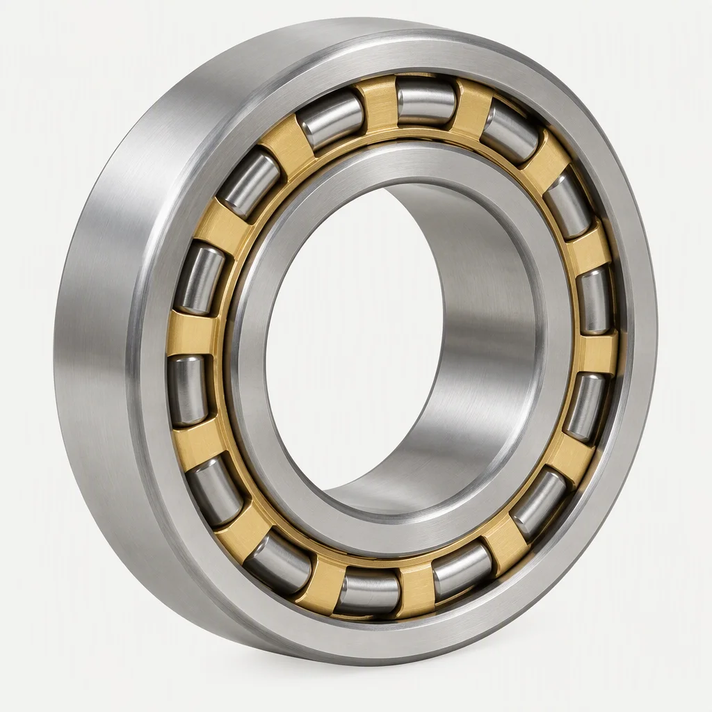 A cylindrical roller bearing photographed square on a pale sweep, ground inner and outer rings with a brass cage holding the rollers