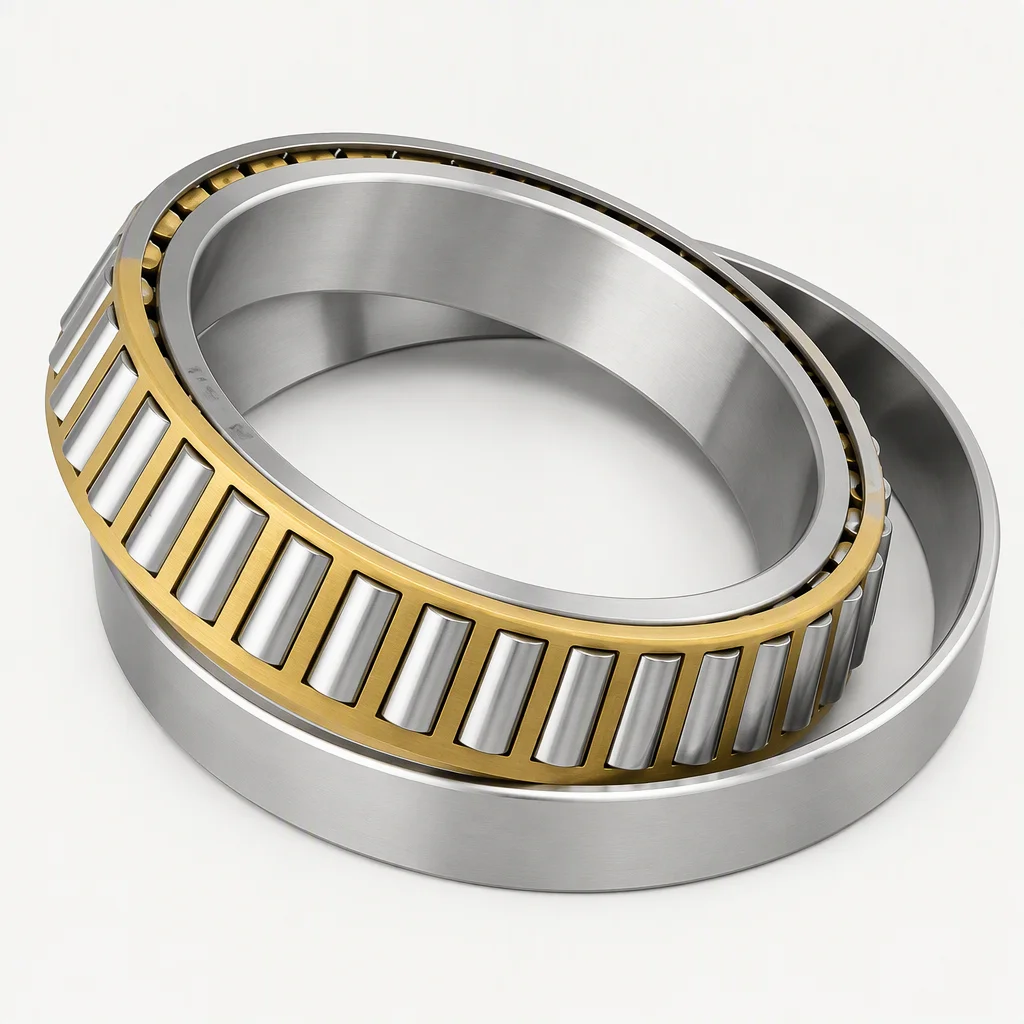 A tapered roller bearing on a pale sweep: a chrome cone, tapered rollers held in a brass cage, and the matching outer cup behind