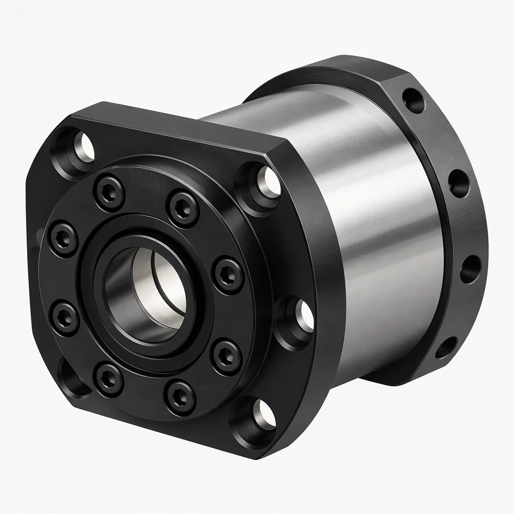 A flanged screw support unit on a pale sweep: a black flange housing, a ground chrome cylindrical body and its bolt circle