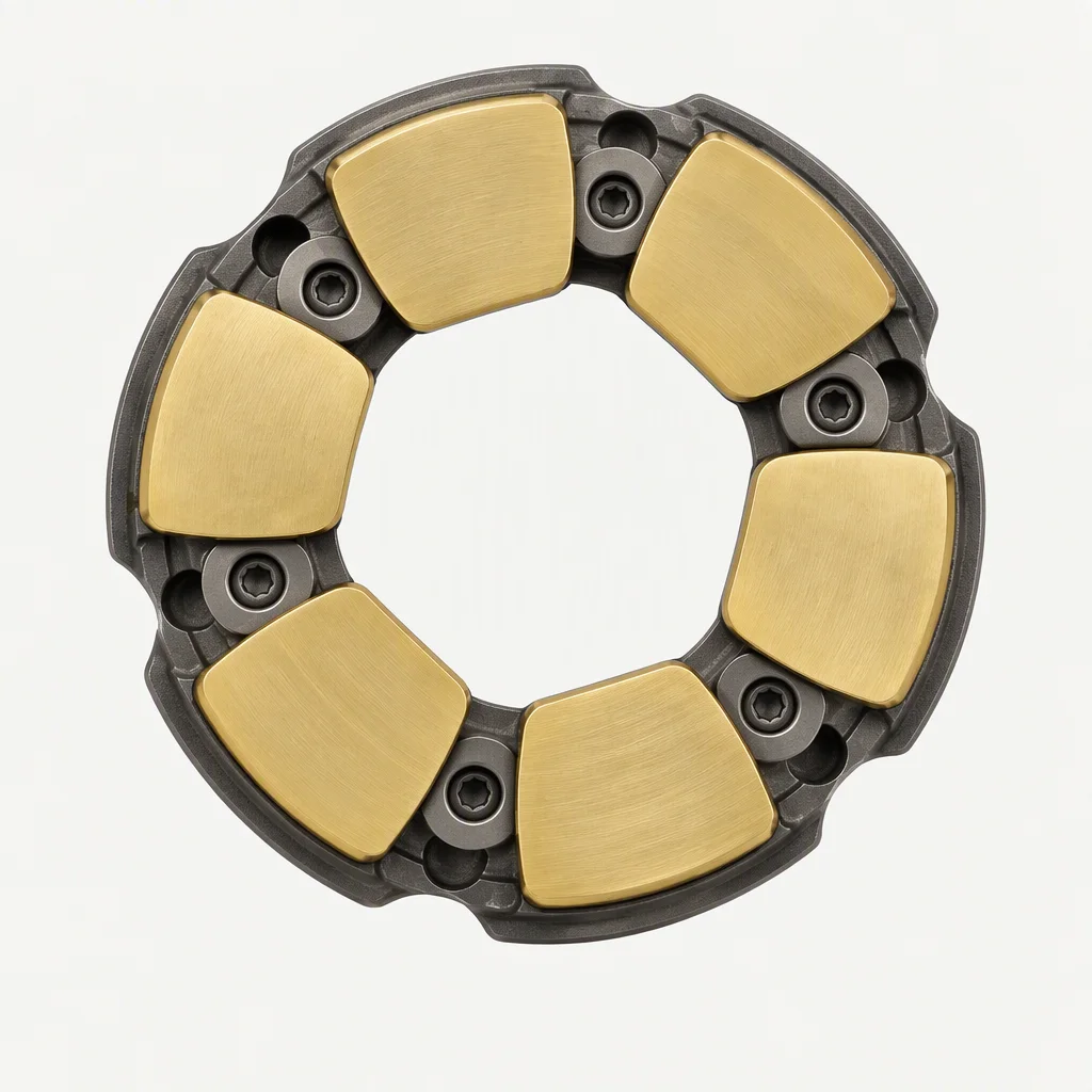 A thrust pad assembly on a pale sweep: brass pad segments set into a dark grey carrier ring and held by fastening screws
