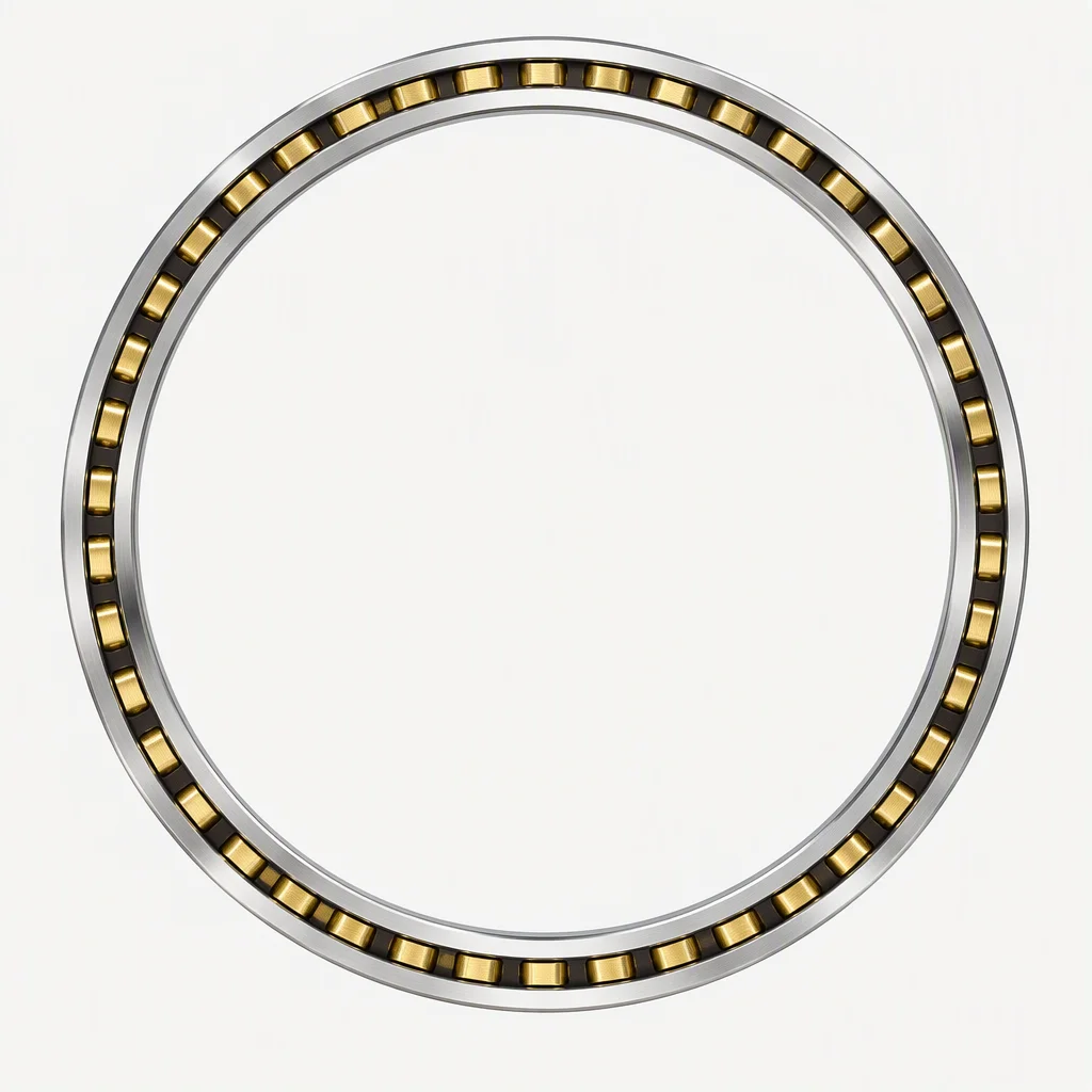 A thin-section bearing ring on a pale sweep: a ground chrome ring with brass cage pockets, a dark phenolic band and a mirror-finished raceway