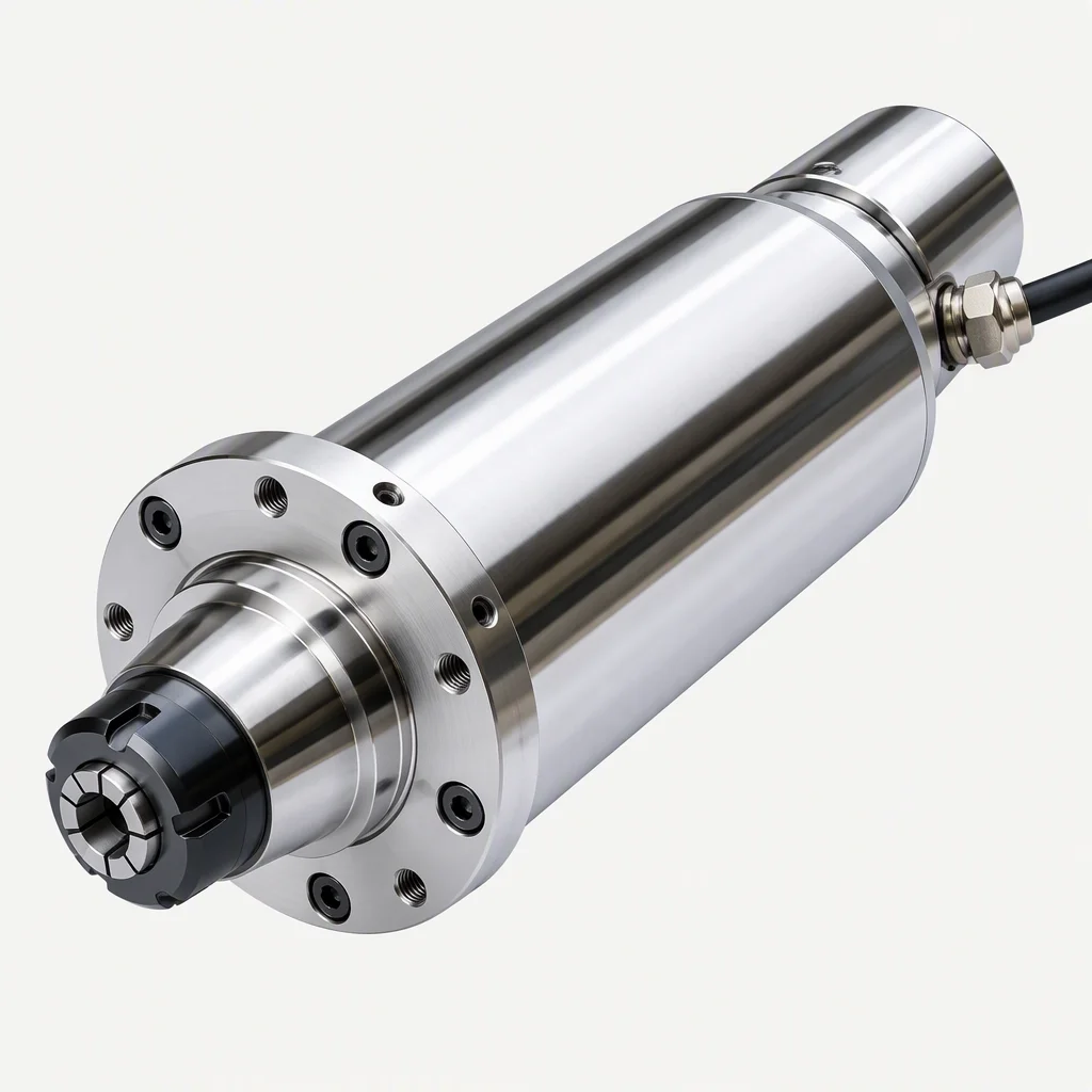 A motorised spindle unit on a pale sweep: a polished chrome-steel cylindrical body with a bolted front flange and a tapered nose