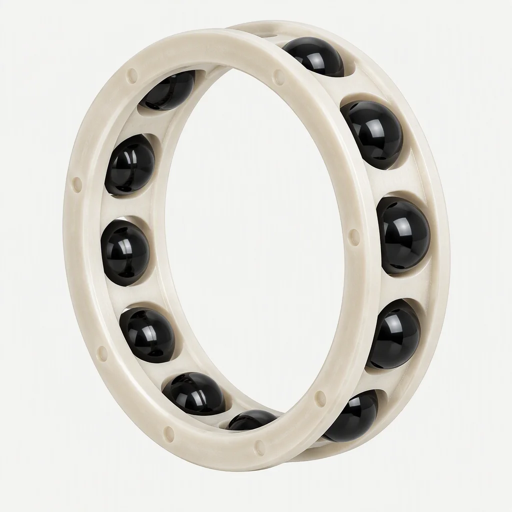 A glass-filled polyamide cage ring on a pale sweep: a cream cage with oval pockets and black polished balls seated in them