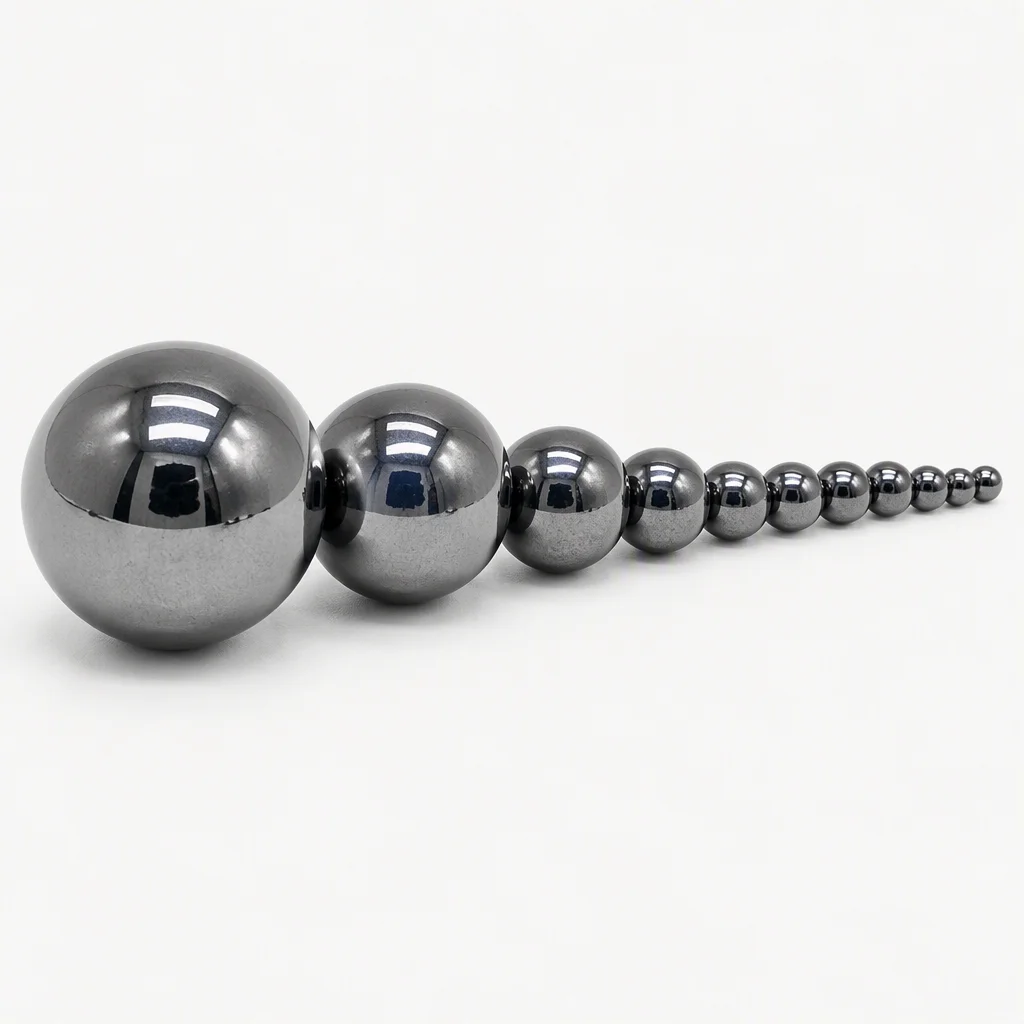A graded row of mirror-polished steel balls on a pale sweep, the largest in front and many smaller ones ranked behind