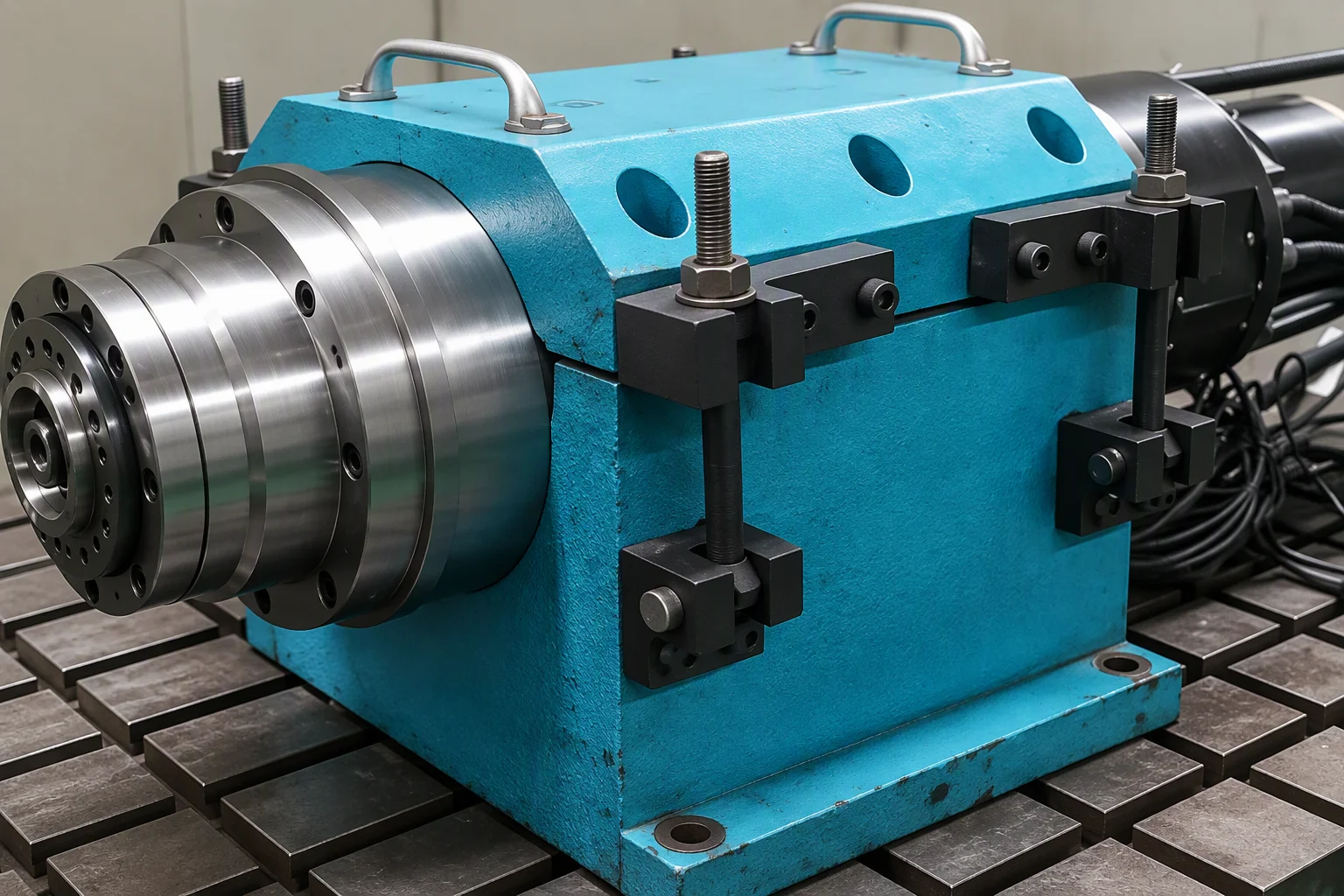 A machining-centre spindle unit standing on the workshop floor: teal painted cast housing, chrome spindle nose held in its fixture, clamp plates and a cable bundle trailing to the right